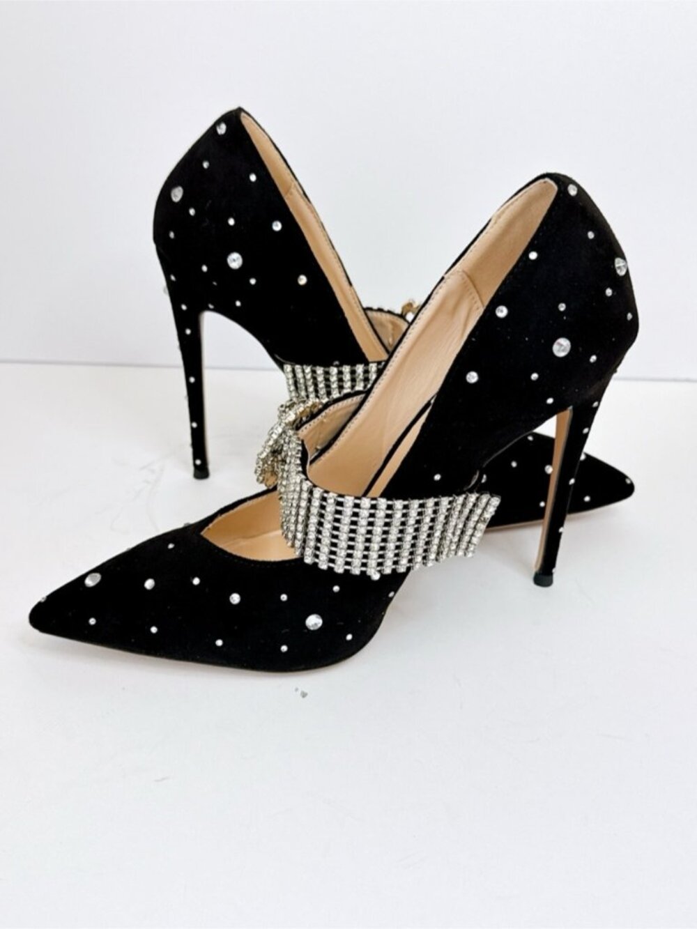 Women’s Black Suede Rhinestone Studded Stiletto Party Heels Size 7